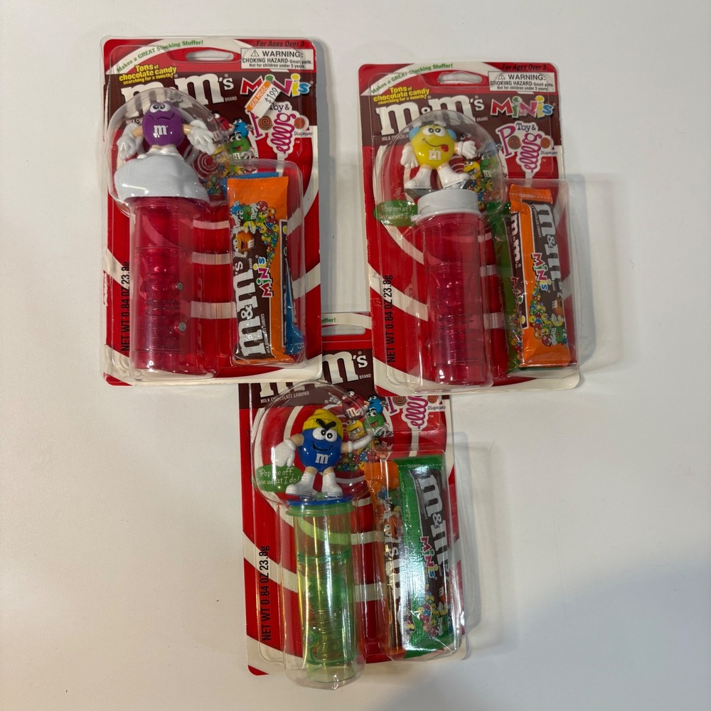 Lot of 3 Vintage M&M's Minis Toy & Pop Dispensers Winter Fun Purple Yellow Blue